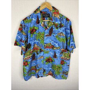 Avant‎ Garde Hawaiian Shirt Blue Tropical Polyester Vintage 80s Colorful